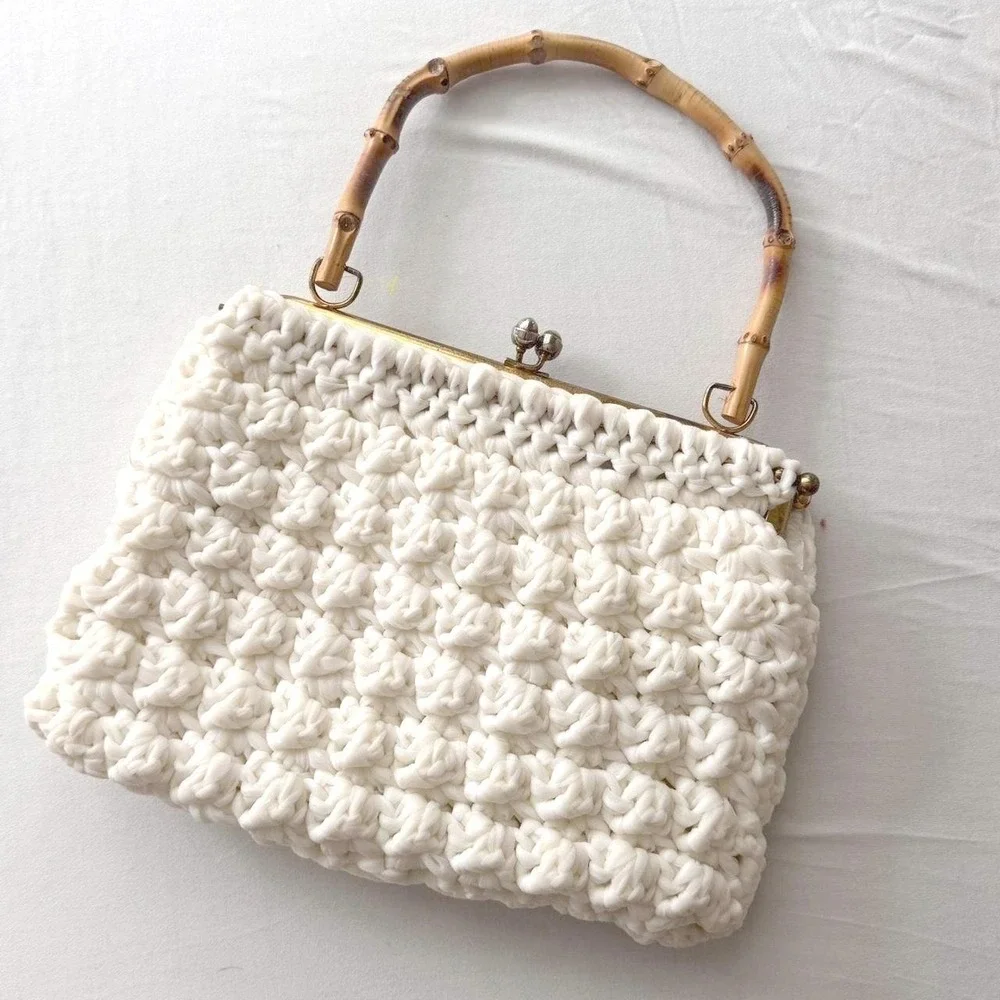 Vintage Crochet Macrame Handbag 1950s Silk-lined Bamboo Handle Kiss Lock Purse